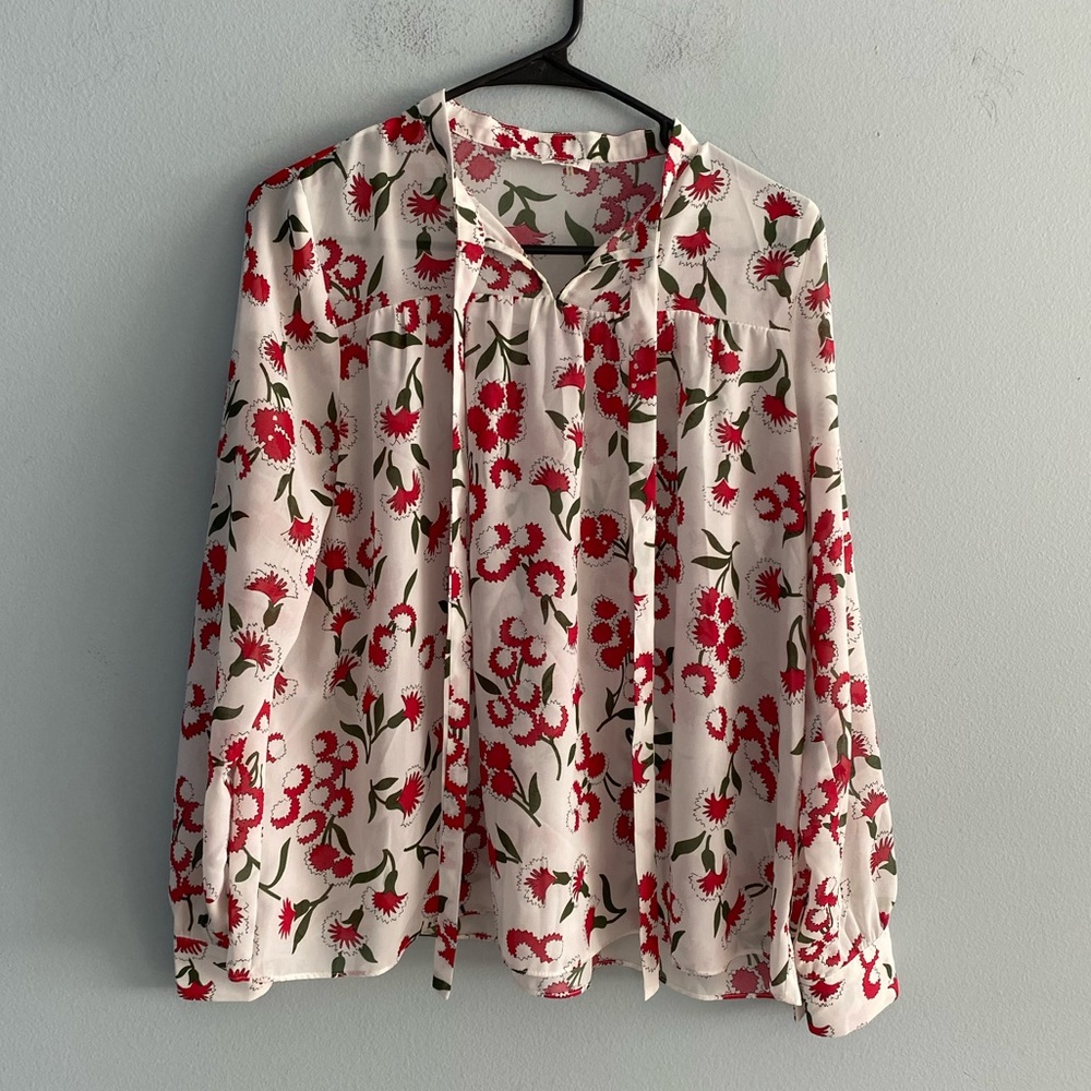 After Market White and Red Floral Print Long Sleeve Blouse - Picture 9 of 9